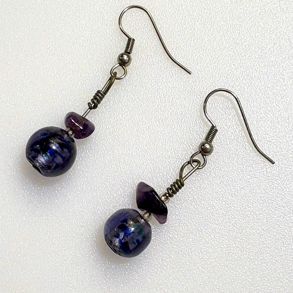 Artisan Amethyst Stone And Lavender Glass Crystal Drop Earrings